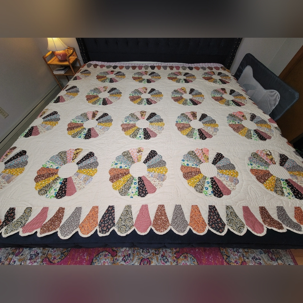 Antique 1900 Hand-Stitched Dresden Plate Quilt – 90" x 74" – Vintage Flour Sack